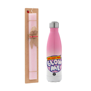 Why Don't You Blow Me Funny, Easter Set, Metallic pink/white (Stainless steel) thermos, double-walled, 500ml & aromatic flat Easter candle (30cm) (PINK)