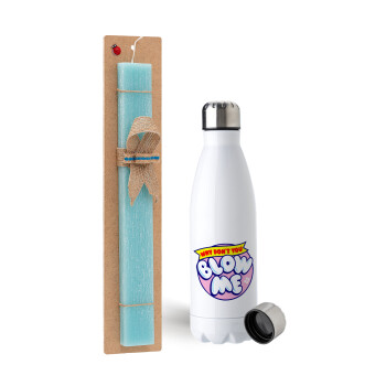 Why Don't You Blow Me Funny, Easter Set, metallic stainless steel water bottle (750ml) & aromatic flat Easter candle (30cm) (TURQUOISE)