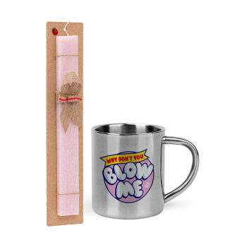 Why Don't You Blow Me Funny, Easter Set, metallic thermal cup (300ml) & aromatic flat Easter candle (30cm) (PINK)
