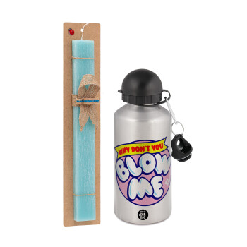 Why Don't You Blow Me Funny, Easter Set, metallic silver aluminum water bottle (500ml) & scented flat Easter candle (30cm) (TURQUOISE)