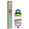 Easter Set, Children's thermal stainless steel bottle with safety straw, green/blue (350ml) & aromatic flat Easter candle (30cm) (TURQUOISE)