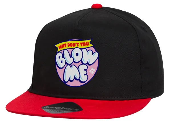 Why Don't You Blow Me Funny — Children's Flat Snapback Hat, Black/Red (100% COTTON, CHILDREN'S, UNISEX, ONE SIZE)