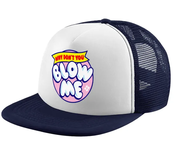 Why Don't You Blow Me Funny — Adult Soft Trucker Hat with Dark Blue/White Mesh (POLYESTER, ADULT, UNISEX, ONE SIZE)