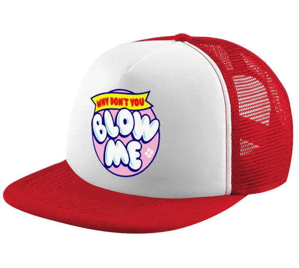 Why Don't You Blow Me Funny — Adult Soft Trucker Hat with Red/White Mesh (POLYESTER, ADULT, UNISEX, ONE SIZE)