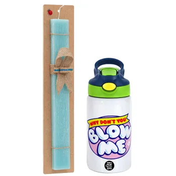 Why Don't You Blow Me Funny, Easter Set, Children's thermal stainless steel bottle with safety straw, green/blue (350ml) & aromatic flat Easter candle (30cm) (TURQUOISE)