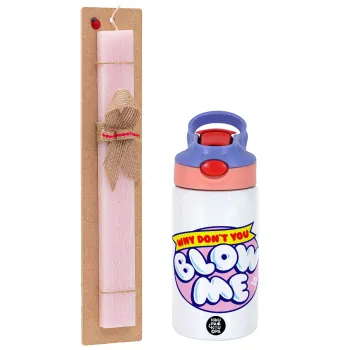 Why Don't You Blow Me Funny, Πασχαλινή Λαμπάδα με Παιδικό παγούρι θερμό, ανοξείδωτο, με καλαμάκι ασφαλείας, ροζ/μωβ (350ml) & κερί αρωματικό πλακέ (30cm) (ΡΟΖ)