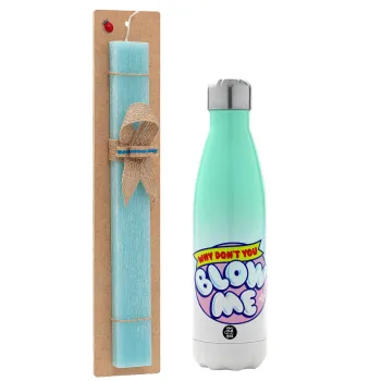 Why Don't You Blow Me Funny, Πασχαλινή Λαμπάδα με Μεταλλικό παγούρι θερμός Πράσινο/Λευκό (Stainless steel), διπλού τοιχώματος, 500ml & κερί αρωματικό πλακέ (30cm) (ΤΙΡΚΟΥΑΖ)