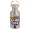 Stainless steel metallic thermos flask, silver with a bamboo lid, double-walled, 350ml.