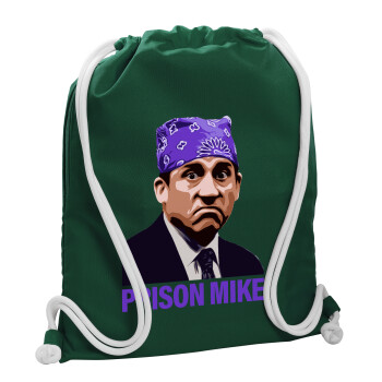 Prison Mike The office, Τσάντα πλάτης πουγκί GYMBAG BOTTLE GREEN, με τσέπη (40x48cm) & χονδρά λευκά κορδόνια