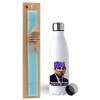 Easter Set, metallic stainless steel water bottle (750ml) & aromatic flat Easter candle (30cm) (TURQUOISE)