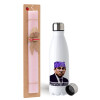 Easter Set, metallic stainless steel water bottle (750ml) & scented flat Easter candle (30cm) (PINK)