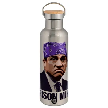 Prison Mike The office, Μεταλλικό παγούρι θερμός (Stainless steel) Ασημένιο με ξύλινο καπακι (bamboo), διπλού τοιχώματος, 750ml
