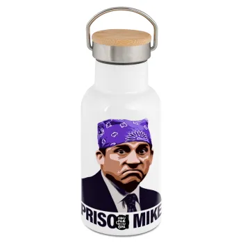 Prison Mike The office, Metallic thermos (Stainless steel) White with wooden lid (bamboo), double-walled, 350ml