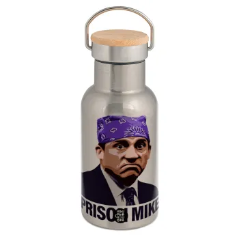 Prison Mike The office, Stainless steel metallic thermos flask, silver with a bamboo lid, double-walled, 350ml.