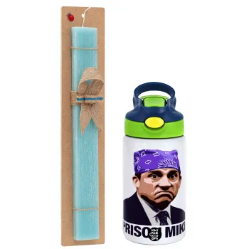 Prison Mike The office, Easter Set, Children's thermal stainless steel bottle with safety straw, green/blue (350ml) & aromatic flat Easter candle (30cm) (TURQUOISE)