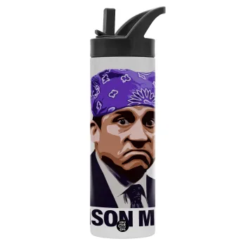 Prison Mike The office, Metallic thermos bottle with straw & handle, stainless steel (Stainless steel 304), double-walled, 600ml.