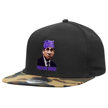 Prison Mike The office, Adult Flat Snapback Hat Black/Camouflage, (100% COTTON TWILL, ADULT, UNISEX, ONE SIZE)