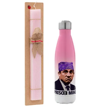 Prison Mike The office, Easter Set, Metallic pink/white (Stainless steel) thermos, double-walled, 500ml & aromatic flat Easter candle (30cm) (PINK)