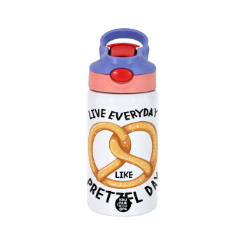 The office, Live every day like pretzel day, Children's hot water bottle, stainless steel, with safety straw, pink/purple (350ml)