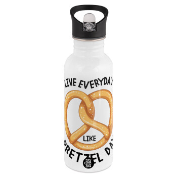The office, Live every day like pretzel day, White water bottle with straw, stainless steel 600ml
