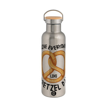 The office, Live every day like pretzel day, Stainless steel Silver with wooden lid (bamboo), double wall, 750ml