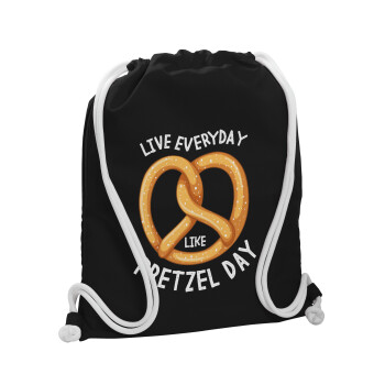 The office, Live every day like pretzel day, Τσάντα πλάτης πουγκί GYMBAG Μαύρη, με τσέπη (40x48cm) & χονδρά λευκά κορδόνια