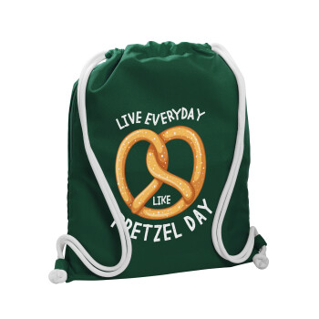 The office, Live every day like pretzel day, Τσάντα πλάτης πουγκί GYMBAG BOTTLE GREEN, με τσέπη (40x48cm) & χονδρά λευκά κορδόνια