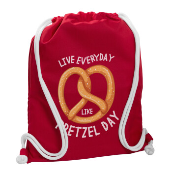 The office, Live every day like pretzel day, Τσάντα πλάτης πουγκί GYMBAG Κόκκινη, με τσέπη (40x48cm) & χονδρά κορδόνια