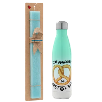The office, Live every day like pretzel day, Easter Set, Metallic green/white thermos (Stainless steel), double-walled, 500ml & scented flat Easter candle (30cm) (TURQUOISE)