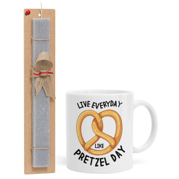 The office, Live every day like pretzel day, Πασχαλινό Σετ, Κούπα κεραμική (330ml) & πασχαλινή λαμπάδα αρωματική πλακέ (30cm) (ΓΚΡΙ)