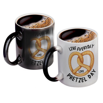 The office, Live every day like pretzel day, Color changing magic Mug, ceramic, 330ml when adding hot liquid inside, the black colour desappears (1 pcs)