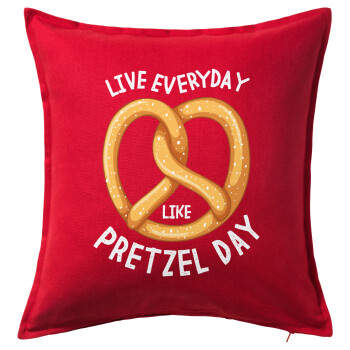 The office, Live every day like pretzel day, Μαξιλάρι καναπέ Κόκκινο 100% βαμβάκι, περιέχεται το γέμισμα (50x50cm)