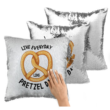 The office, Live every day like pretzel day, Μαξιλάρι καναπέ Μαγικό Ασημένιο με πούλιες 40x40cm περιέχεται το γέμισμα