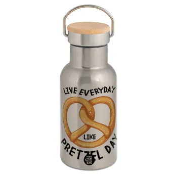 The office, Live every day like pretzel day, Stainless steel metallic thermos flask, silver with a bamboo lid, double-walled, 350ml.