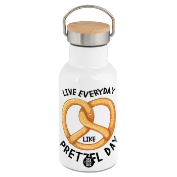 The office, Live every day like pretzel day, Metallic thermos (Stainless steel) White with wooden lid (bamboo), double-walled, 350ml