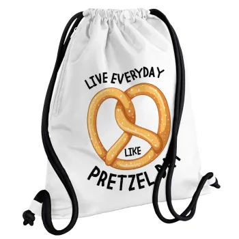 The office, Live every day like pretzel day, Backpack pouch GYMBAG white, with pocket (40x48cm) & thick cords