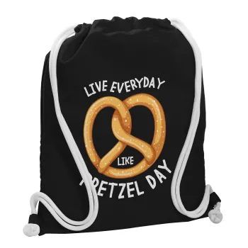 The office, Live every day like pretzel day, Τσάντα πλάτης πουγκί GYMBAG Μαύρη, με τσέπη (40x48cm) & χονδρά λευκά κορδόνια