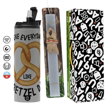 The office, Live every day like pretzel day, Πασχαλινή Λαμπάδα με Travel Tumbler θερμό (600ml, BPA free) & κερί αρωματικό πλακέ (30cm) (ΓΚΡΙ)