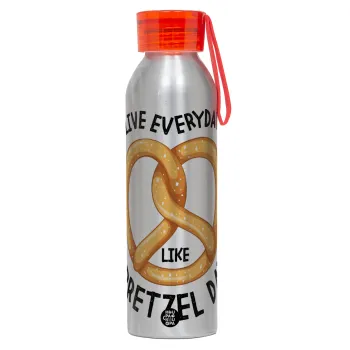 The office, Live every day like pretzel day, Αλουμινένιο Αθλητικό Μπουκάλι 650ml – Ασημί με Κόκκινο Καπάκι και Λουράκι Σιλικόνης