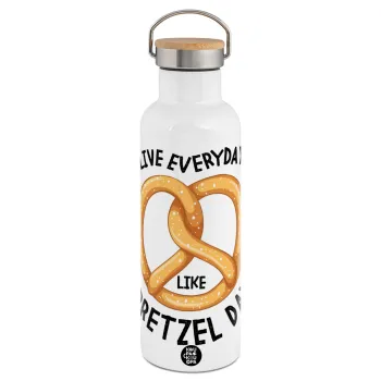 The office, Live every day like pretzel day, Stainless steel White with wooden lid (bamboo), double wall, 750ml