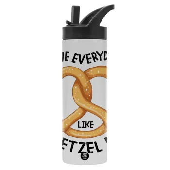 The office, Live every day like pretzel day, Μεταλλικό παγούρι θερμός με καλαμάκι & χειρολαβή, ανοξείδωτο ατσάλι (Stainless steel 304), διπλού τοιχώματος, 600ml