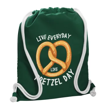 The office, Live every day like pretzel day, Τσάντα πλάτης πουγκί GYMBAG BOTTLE GREEN, με τσέπη (40x48cm) & χονδρά λευκά κορδόνια
