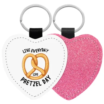 The office, Live every day like pretzel day, Μπρελόκ PU δερμάτινο glitter καρδιά ΡΟΖ