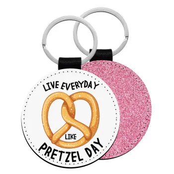 The office, Live every day like pretzel day, Μπρελόκ Δερματίνη, στρογγυλό ΡΟΖ (5cm)