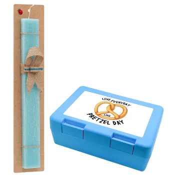 The office, Live every day like pretzel day, Easter Set, children's snack container BLUE & Easter aromatic flat candle (30cm) (TURQUOISE)
