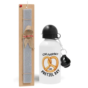 The office, Live every day like pretzel day, Easter Set, metallic aluminum water bottle (500ml) & aromatic flat Easter candle (30cm) (GRAY)
