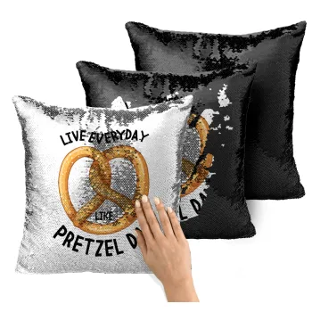 The office, Live every day like pretzel day, Μαξιλάρι καναπέ Μαγικό Μαύρο με πούλιες 40x40cm περιέχεται το γέμισμα