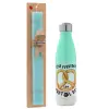 Easter Set, Metallic green/white thermos (Stainless steel), double-walled, 500ml & scented flat Easter candle (30cm) (TURQUOISE)