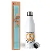 Easter Set, metallic stainless steel water bottle (750ml) & aromatic flat Easter candle (30cm) (TURQUOISE)