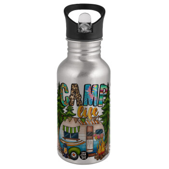 Camp Life, Water bottle Silver with straw, stainless steel 500ml